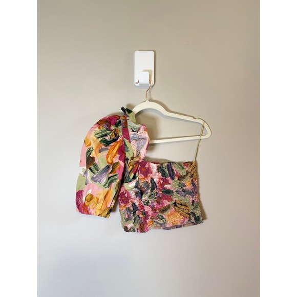 ZARA • One Shoulder Smocked Floral Puff Sleeve Boho Crop Top XS - Picture 3 of 7